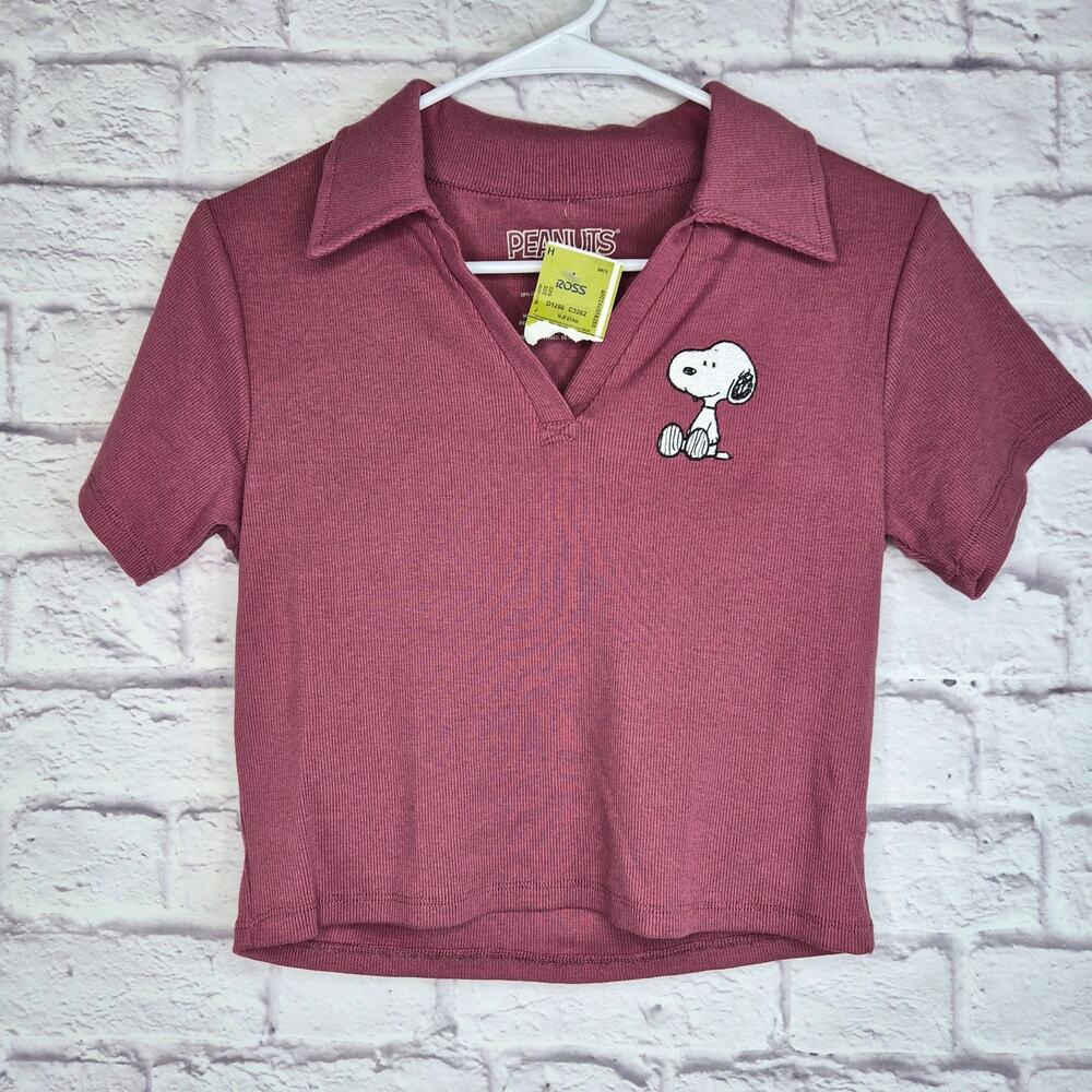 NWT Peanuts Snoopy Mauve Ribbed Polo Baby Tee Crop Top L Y2K
